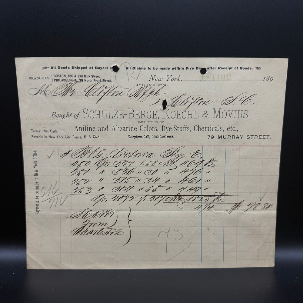 Antique 1892 Schulze-Berge Koechl‎ & Movius NY Chemical Dye Invoice Ephemera